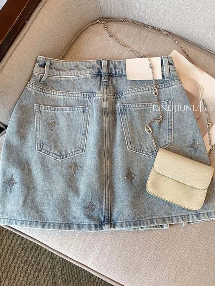 Fashion Simple Denim Skirts Pockets Forked High Waist Female Slim Mini Skirt Summer All Match Vintage Elegant Women's Clothing