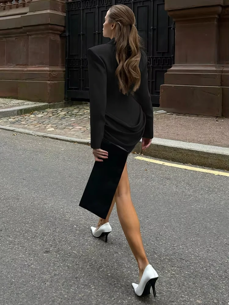 Classic Ruched Dress Women Lapel Irregular Hem Full Sleeve Skinny Solid Elegant Autumn Trend Commute Office Bodycon