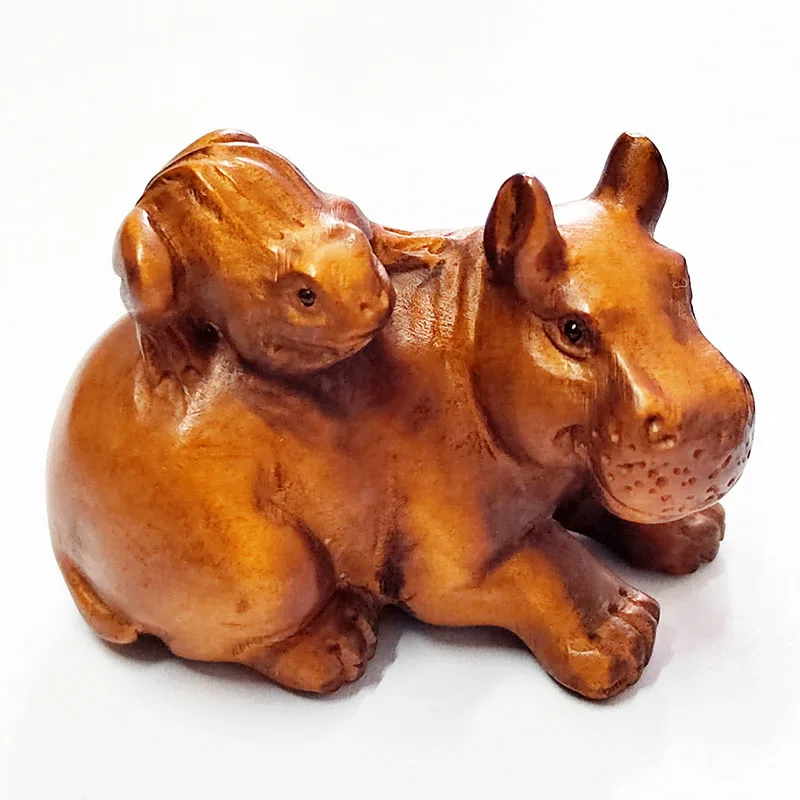 

Y8875 - 2" Hand Carved Boxwood Netsuke Figurine - Frog on Hippo Fun