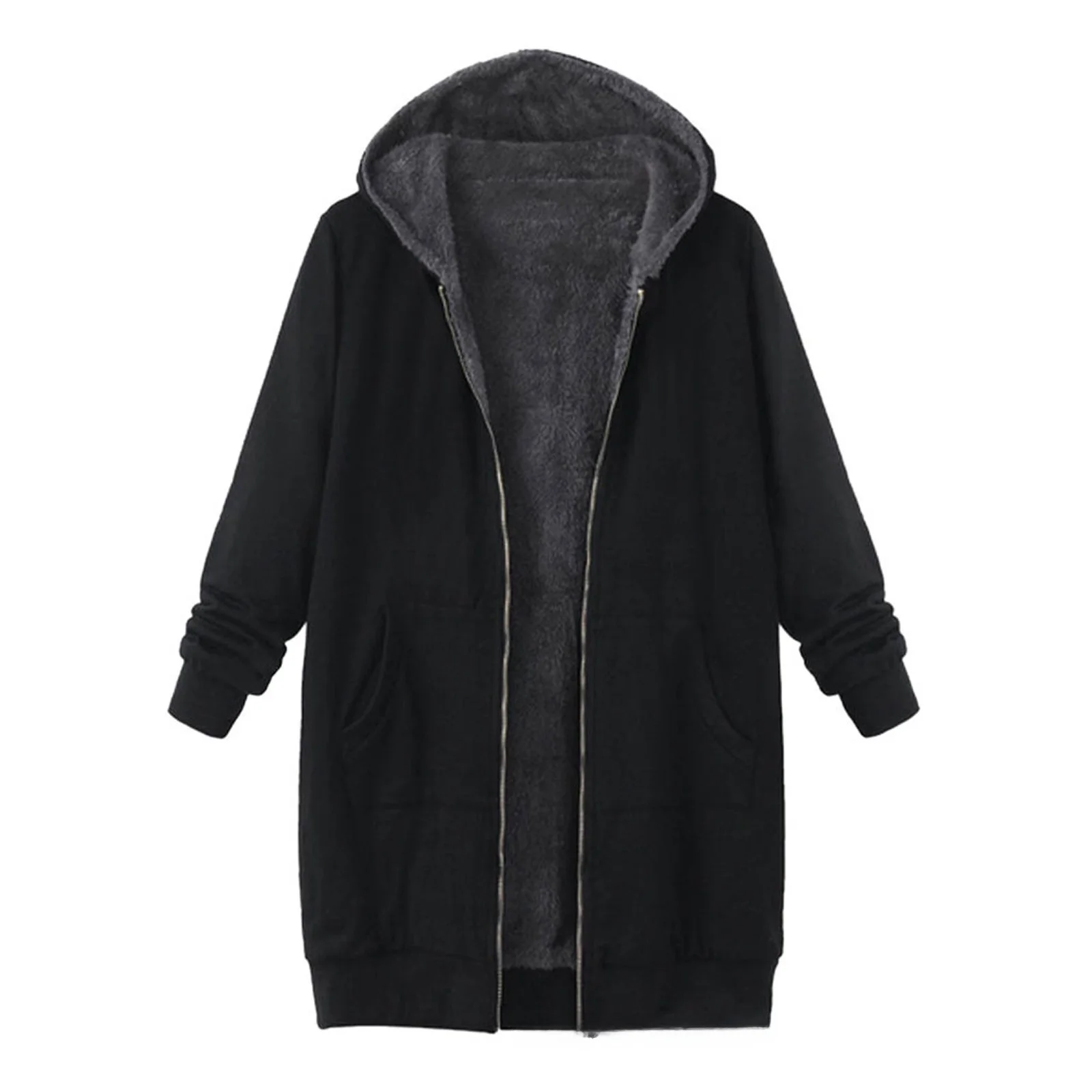 

Thickened Fleece Autumn Winter Jacket for Women Medium Length with Hat Hooded Sweatshirt Style Outerwear Casual Ladies Coat