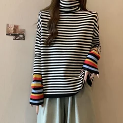 High Necked Bottom Women's Autumn and Winter New Fashionable Striped Patchwork Rainbow Long Sleeved Loose T-Shirts Casual Tops