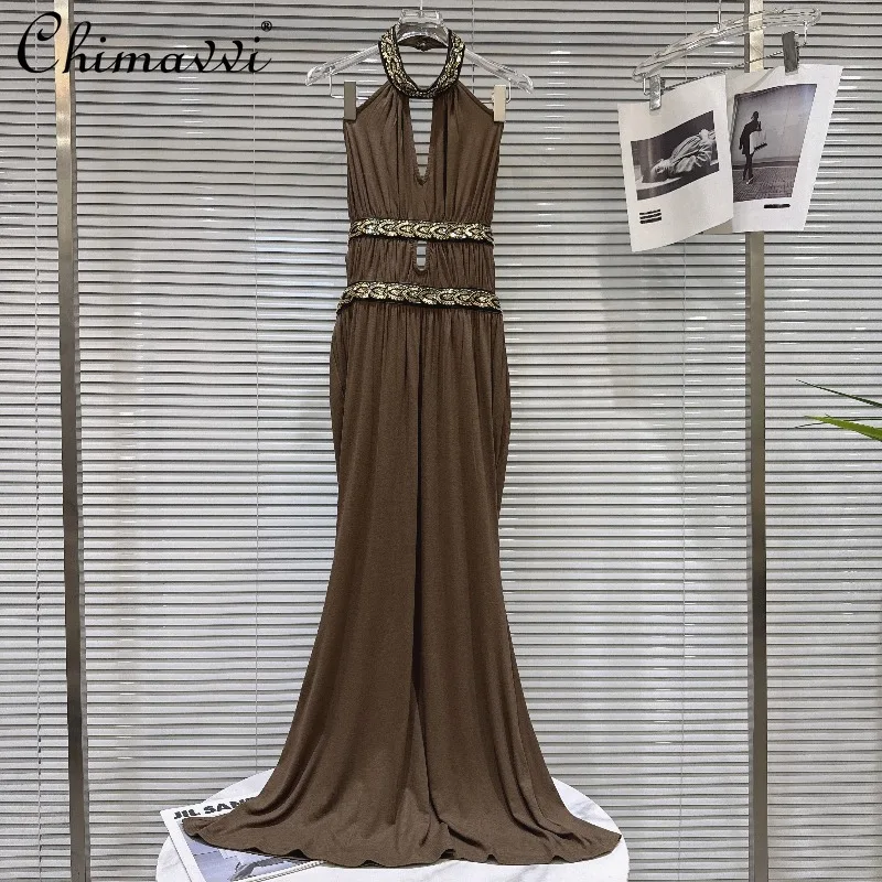

2026 Summer New French Style Sequin Embroidered Halter Neck Dress Fashion Womens Elegant High-waisted Maxi Gown Dresses