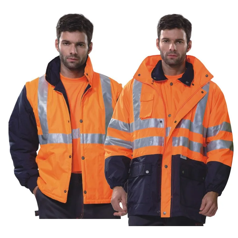 High Visibility Waterproof Safety Jacket Detachable Cotton Liner Reflective Men\'s Construction Workwear Warm Parka for Winter