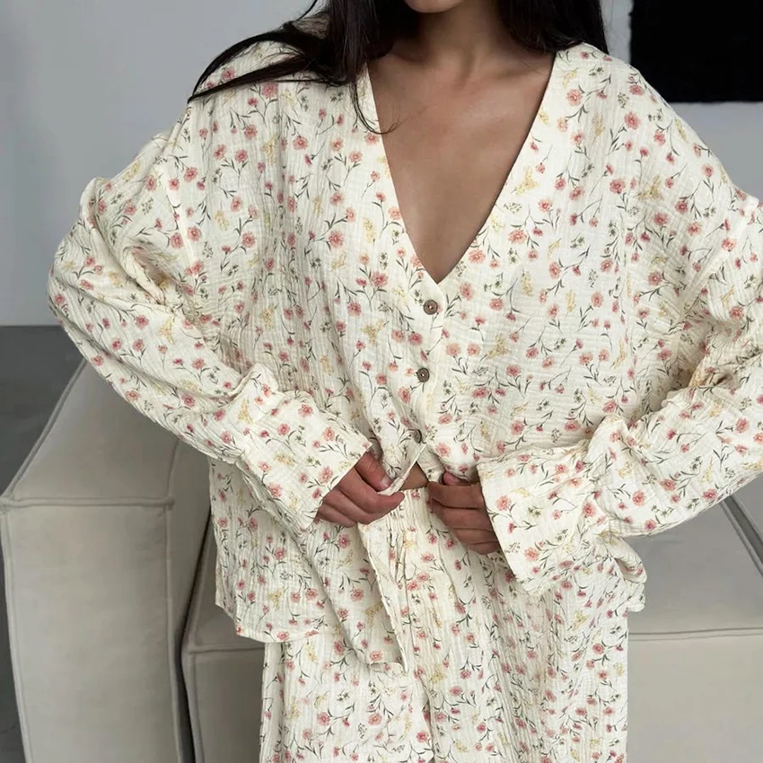 

Casual Print Women'S Pajamas 2-Piece Suit V-Neck Single-Breasted Loose Long-Sleeve Top Tatting Elastic Waist Trousers 2026