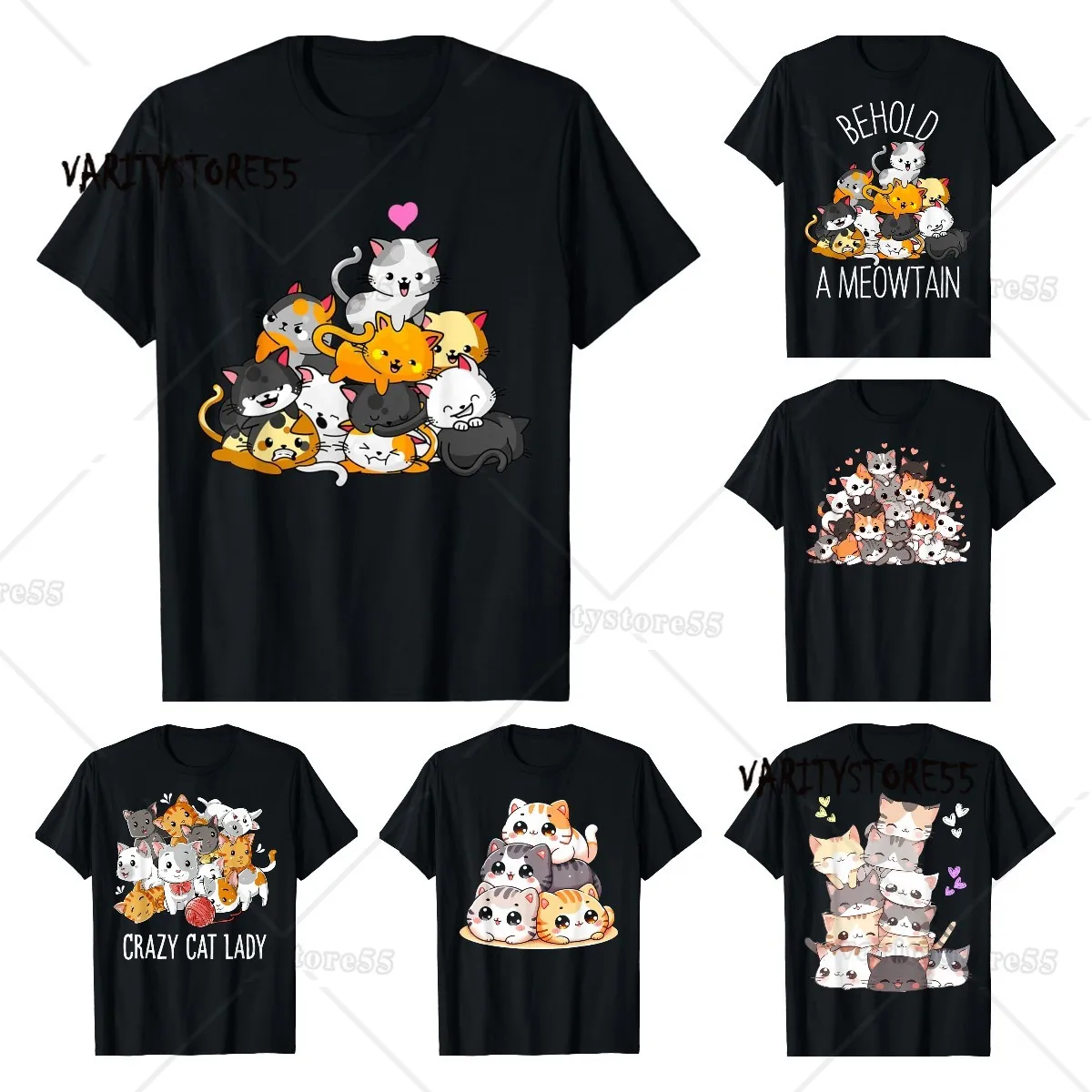 Cat Cute Kitty Pile Cats Anime Gift T-Shirt Men's Top T-Shirts Birthday Tops Tees Cotton Casual