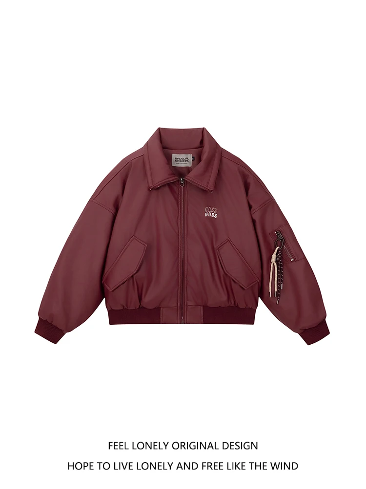 

Feel Lonely American Street Motorcycle PU Leather Jaet Loose Couples Windproof Cotton Clothes Faionable Winter Coat