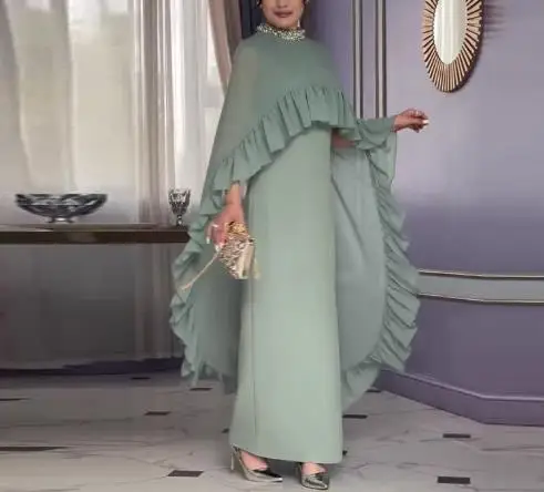 

2025 Autumn Women's Elegant Latest Solid Color Round Neck Ruffled Decorative Shawl and Sleeveless Vest Straight Tube Dress Set