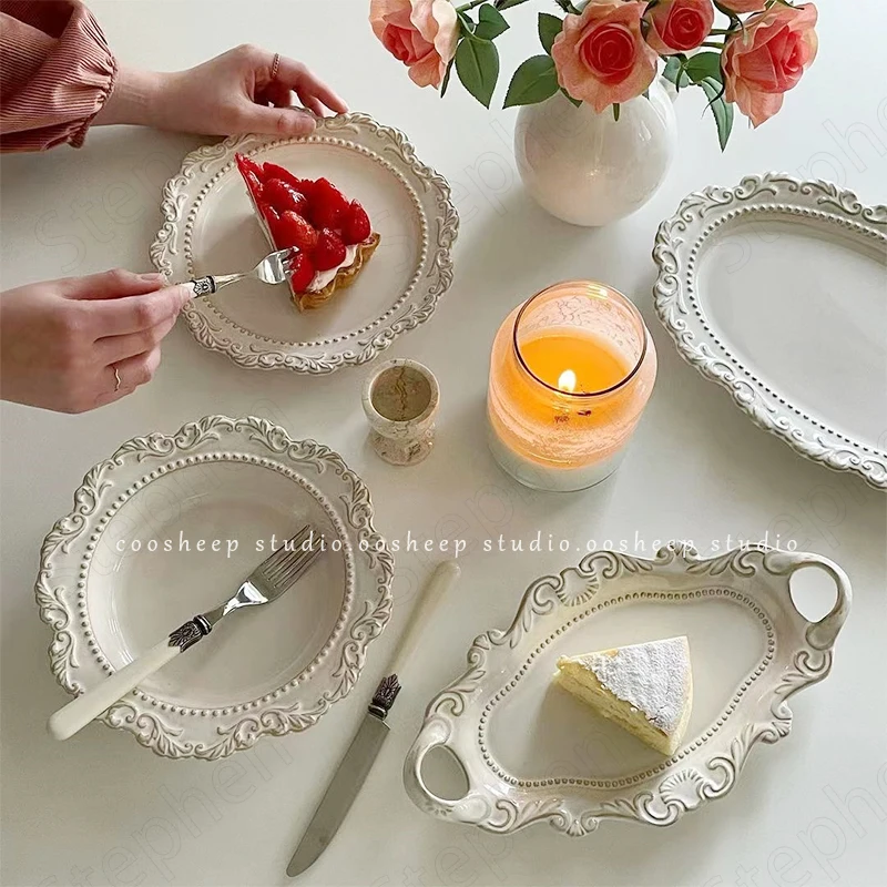 Vintage Relief Ceramic Plates European Classical Lace Embossing Process Steak Pasta Dinner Plate Cake Dishes Household Tableware