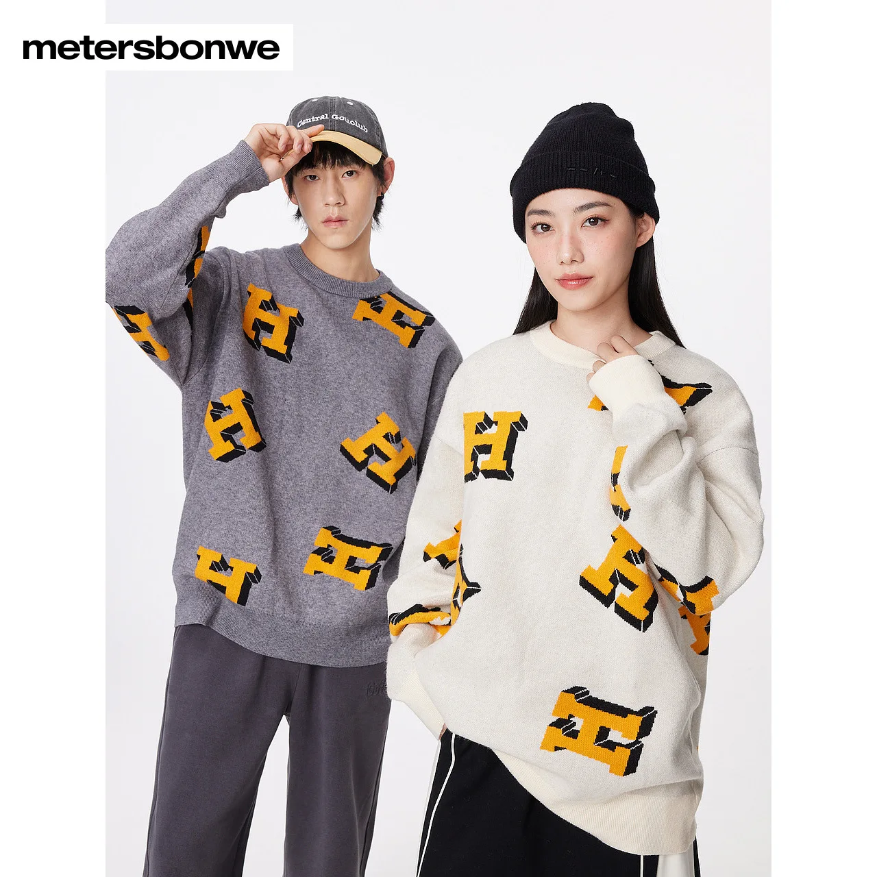 Metersbonwe-Men's And Women's Crewneck Long Sleeves Sweater Jumper Trend Letter Jacquard High Quality Halloween Casual Warm Wear