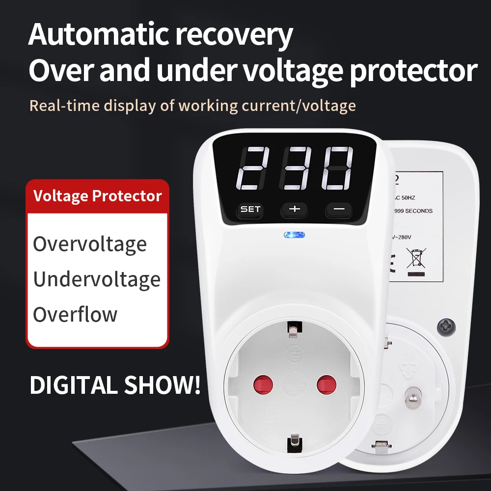 ﻿ HLP02 16A 230V Digital Automatic Voltage Protector Socket Automatic Recovery Over and Under Voltage Protector