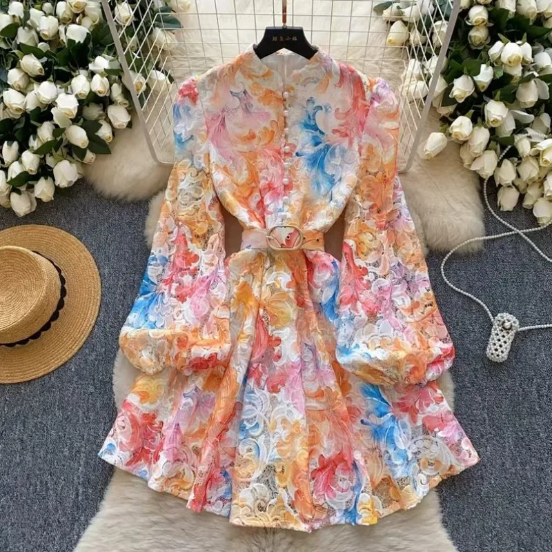 

European and American court style bubble sleeve dress women's summer mesh hollow hook flower design temperament long skirt