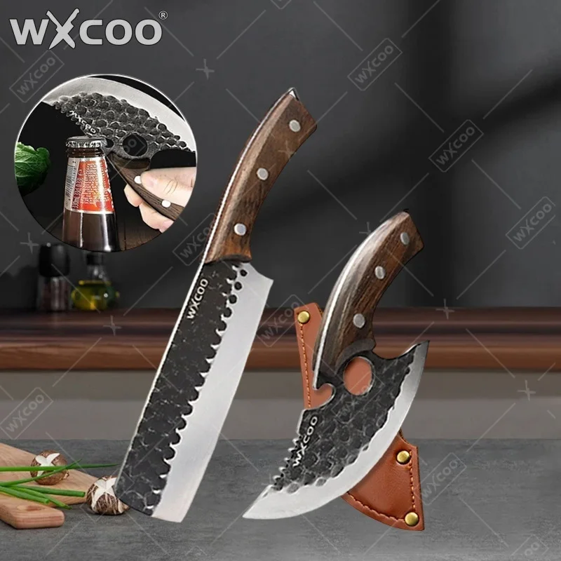 WXCOO Multifunctional Kitchen Knife Wooden Handle Butcher Knife Meat Cleaver Cooking Fruit Slicing Bottle Opener Chef