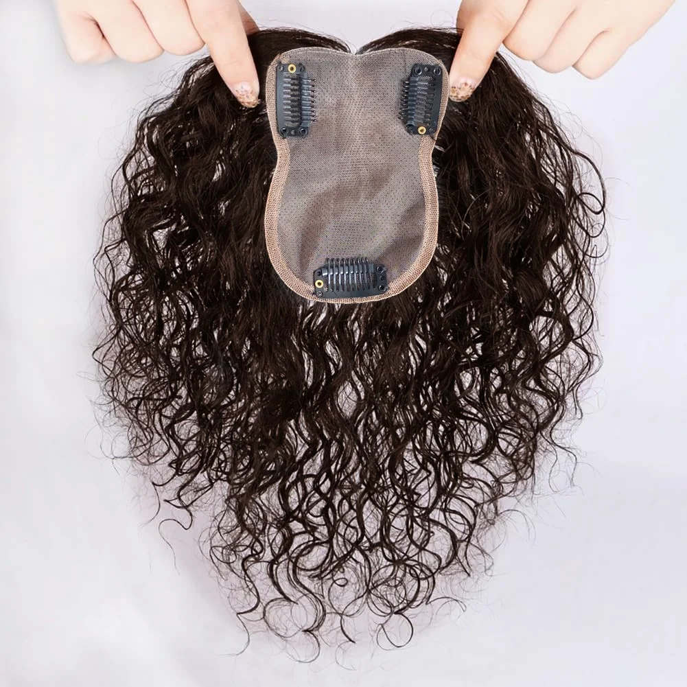 Middle Part Curly Human Hair Topper Clip in Silk Base Wiglet Hairpiece Forehead Hairline Replacement 8x10cm