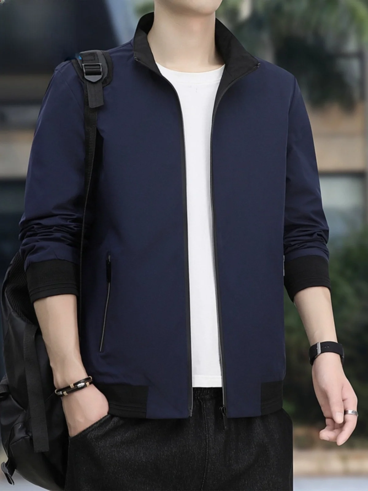 

Paul Spring Autumn Jaet Men's Double-Sided Loose Casual Thin Stand Collar Windproof Spor Faionable Urban Sle Polyeste...