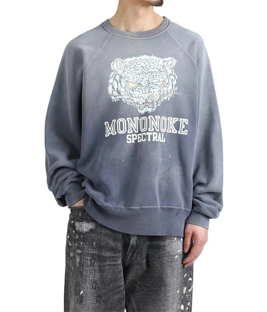Autumn Winter Saint White Tiger Pattern Printed Casual Washed Vintage Round Neck Hoodie Versatile Cotton Casual Oversize Men