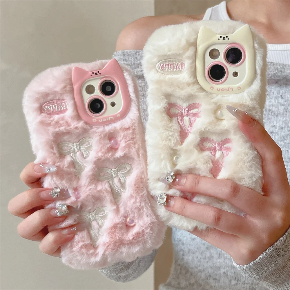 Soft Fluffy Plush bowknot Cat Ears 3D Pearl Phone Case For iPhone 14 15 16 Plus 13 Pro Max 11 12 Warm Winter Furry Fur Cover