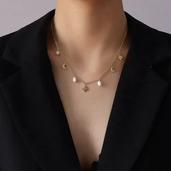 Titanium With 18K Gold Star Moon Real Pearl Charms Necklace Runway T Show Party Designer Gown Top Ins Japan Korean Trendy