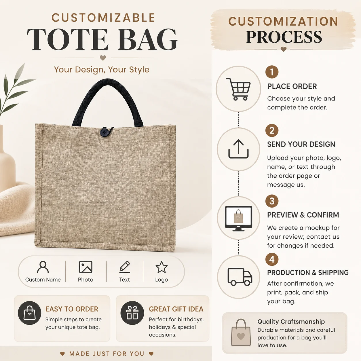 Polarshe Customized Canvas Tote Bag Linen Textured Handbag Personalized Gift Bag for Women ,Wedding,Beach,Work,Travel,Daily Use