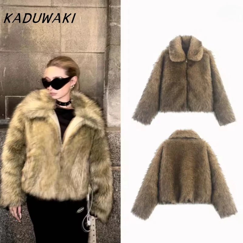

KADUWAKI Autumn Full Sleeve Furry Women Big Lapel Furry Coat Winter Gradient Faux Fur Jacket Loose Zipper Short Jacket Outerwear