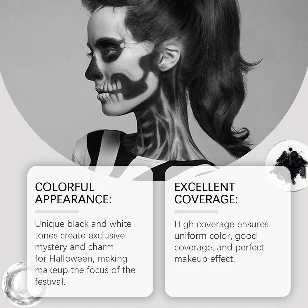 Kit de pintura corporal para rostro de Halloween, juego de maquillaje de larga duración en blanco y negro con pinceles para fiestas festivas, disfraces y eventos de carnaval