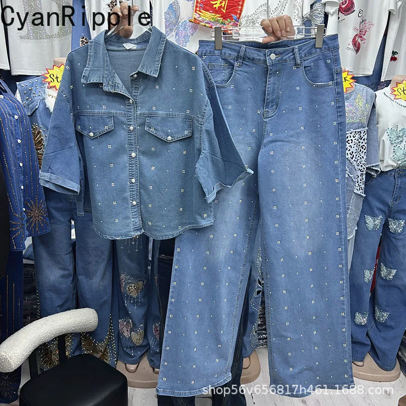 

New Spring Summer Women Two-piece Set Hot Diamonds Loose Denim Short Sleeve Shirt Top + High Waist Casual Wide Leg Blue Jeans