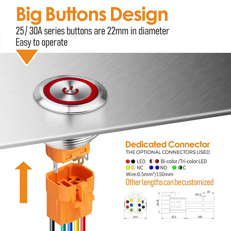 LANBOO 30mm momentary or latching switch with LED  metal push button switch 1NO1NC/2NO2NC
