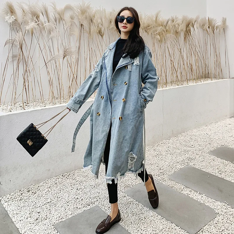 Vintage Hellblau Ausgefranste Loch Denim Trenchcoat Mit Gürtel Frühjahr Neue Lose Beiläufige Revers Mid-länge Frauen Windjacke mantel