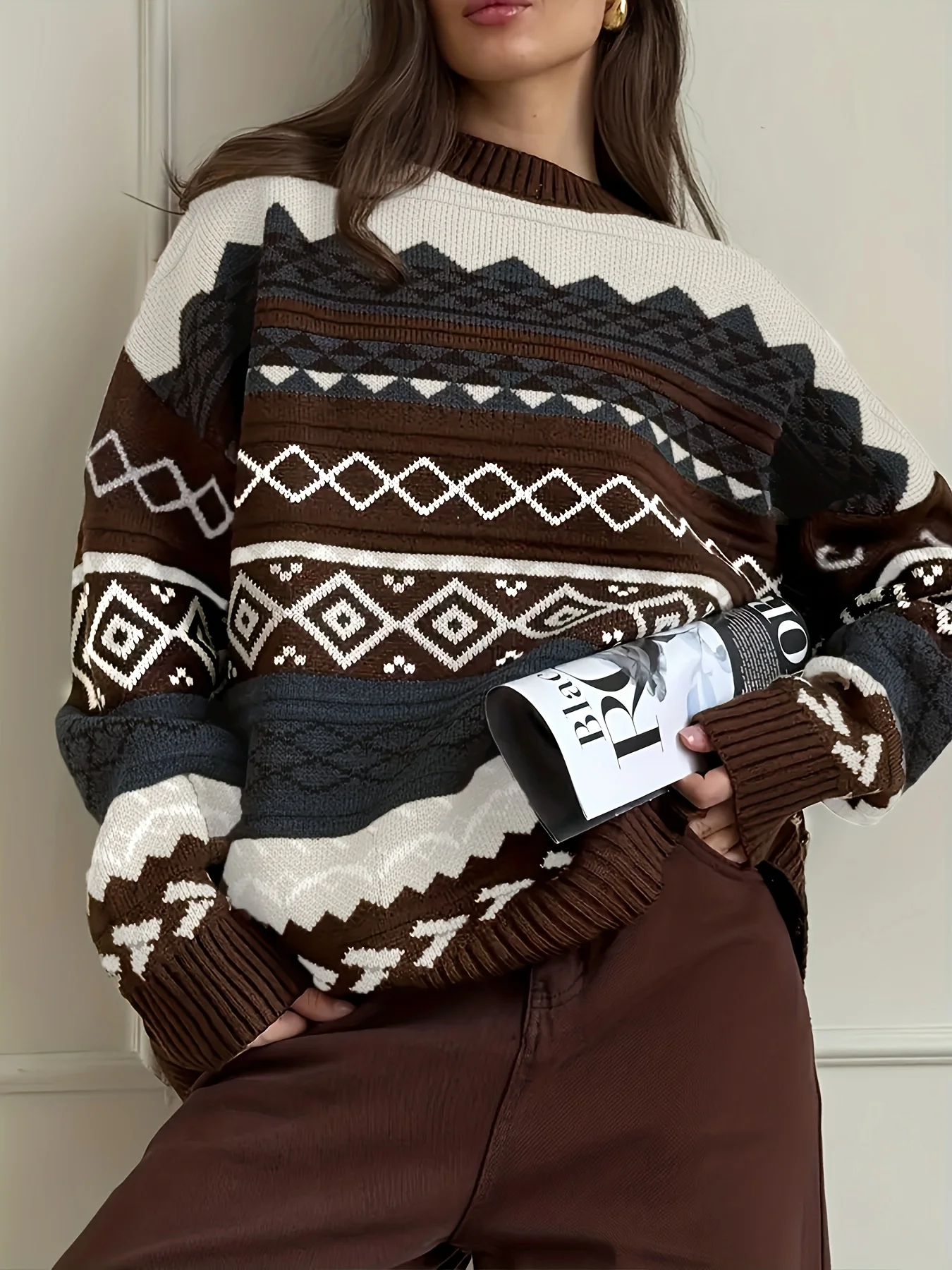 

Женский новый модный, элегантный, простой, повседневный, универсальный вязаный свитер с длинными рукавами и геометрическим узором в стиле ретро