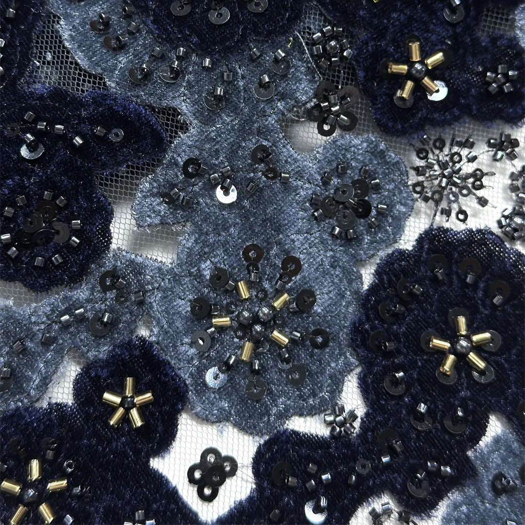 

Velvet Applique Lace Fabric With Beaded Sequins French Sheer Mesh For Women Evening Gown Party Dress High Quality African Fabric