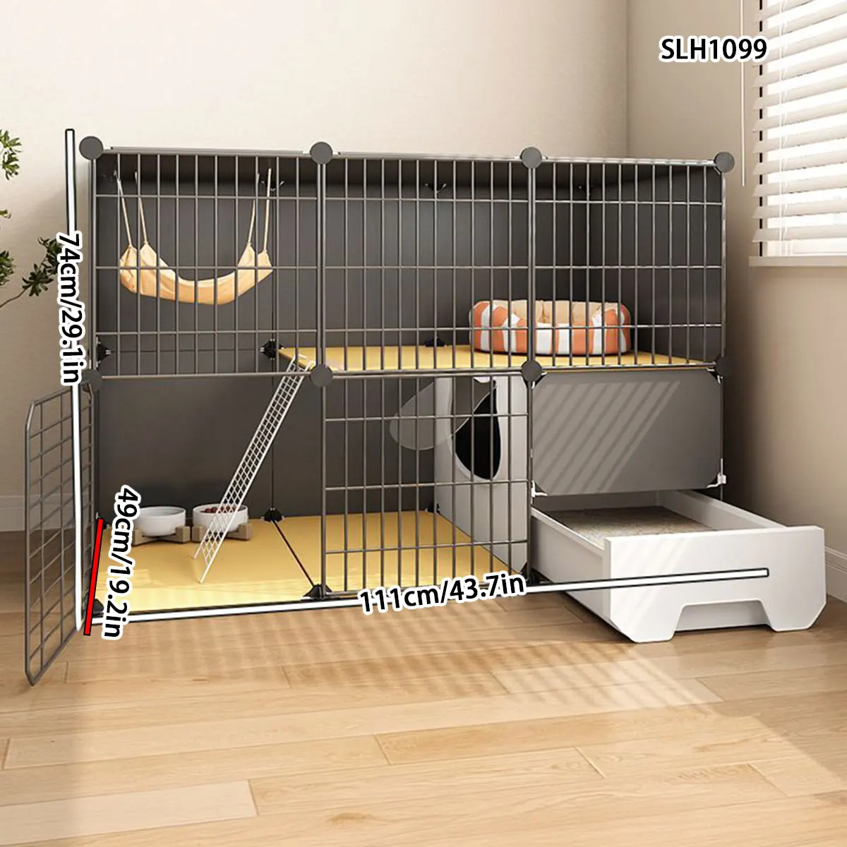 DIY Multi-Layer Cat Cage with Integrated Drawer-Style Cat Toilet, Indoor Cat Villa with Climbing Ladder, Expandable Pet Cat House Slh1100