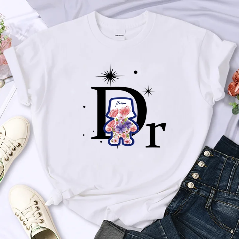 

Luxury Brand Flower BearFor Women's High-Quality Summer Print T-shirt Casual Oversized Y2k Personality Sleeve O-neck