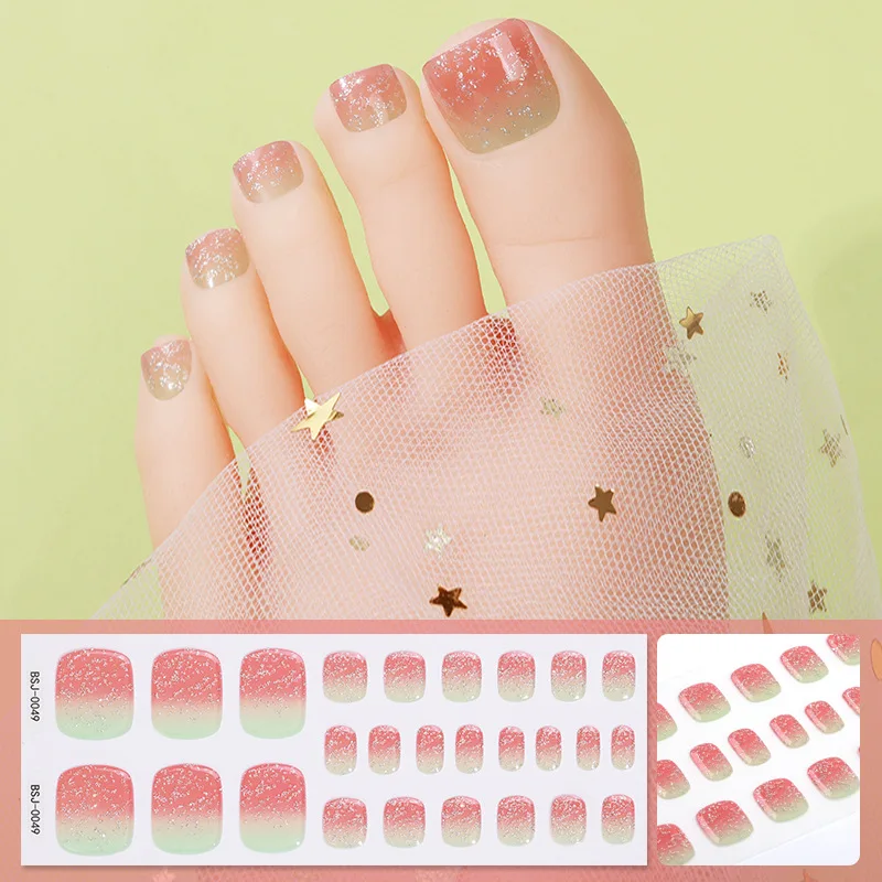 26 Strips Toe Gel Nail Sticker 3D Phototherapy Waterproof Korean Semi Cured Foot Gel Nail Art Wraps Get Hard After the UV Light