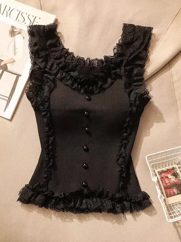 Korean Lace Patchwork Crop Top Women U-Neck Knitted Stretch Tank Top 2025 Summer Female White Lace Stretch Cami image 4
