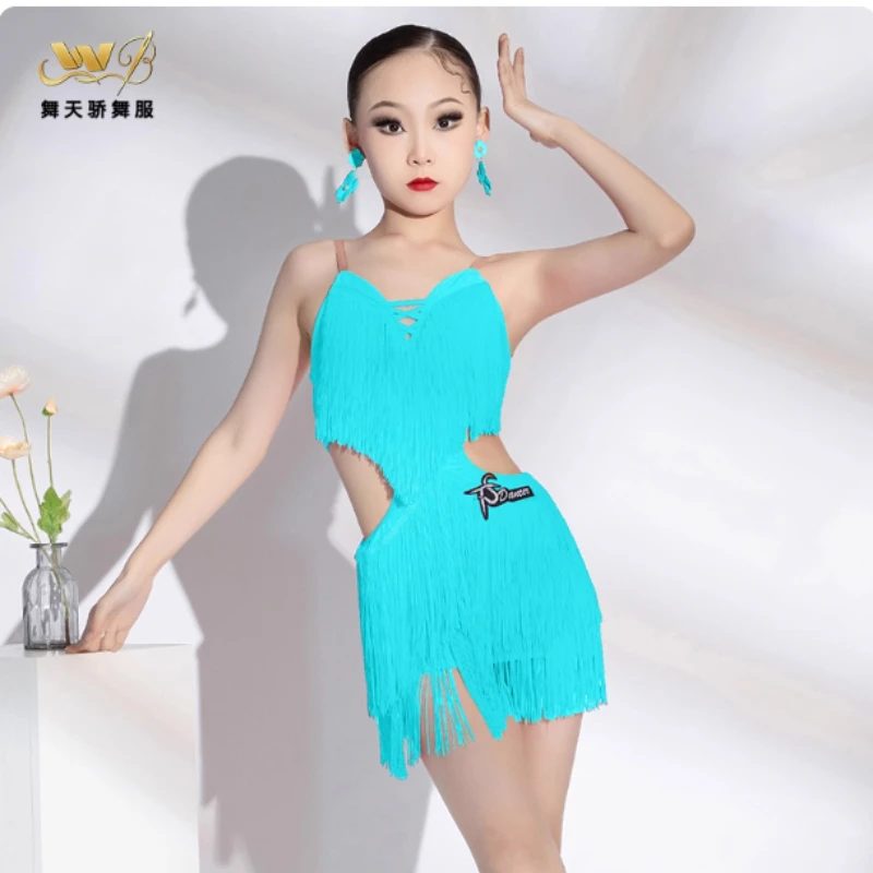 Kids Chacha Samba Rumba Latin Dance Competition Dresses Girls Halter Latin Dance Dress Child Stage Performance Costumes