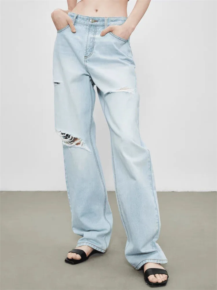 

Ladies Washed Straight 2 Colors Wide-Leg Pants High Street Women's Ripped Loose Distressed Jeans Early Fall New 2024