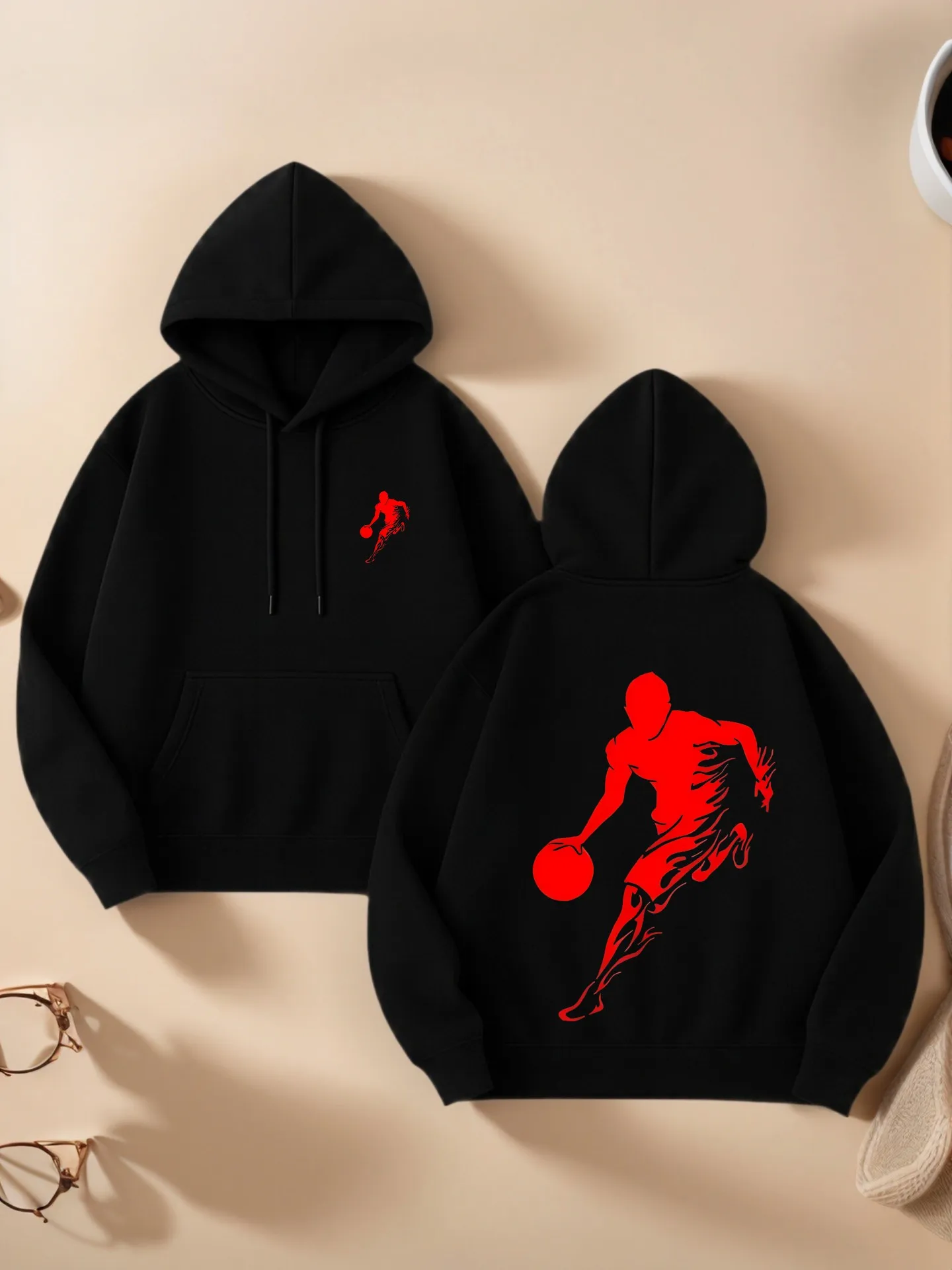 

Graphic Hoodie, Sporty Basketball - Print Aesthetic Design, Cotton Blend, Casual Everyday Wear, For Young Men