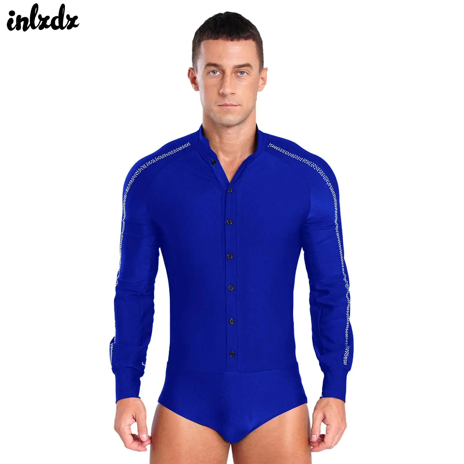 Mens Shiny Rhinestones Latin Tango Rumba Dance Performance Costume Stand Collar Long Sleeve Ballroom Leotard Bodysuit Shirt Top