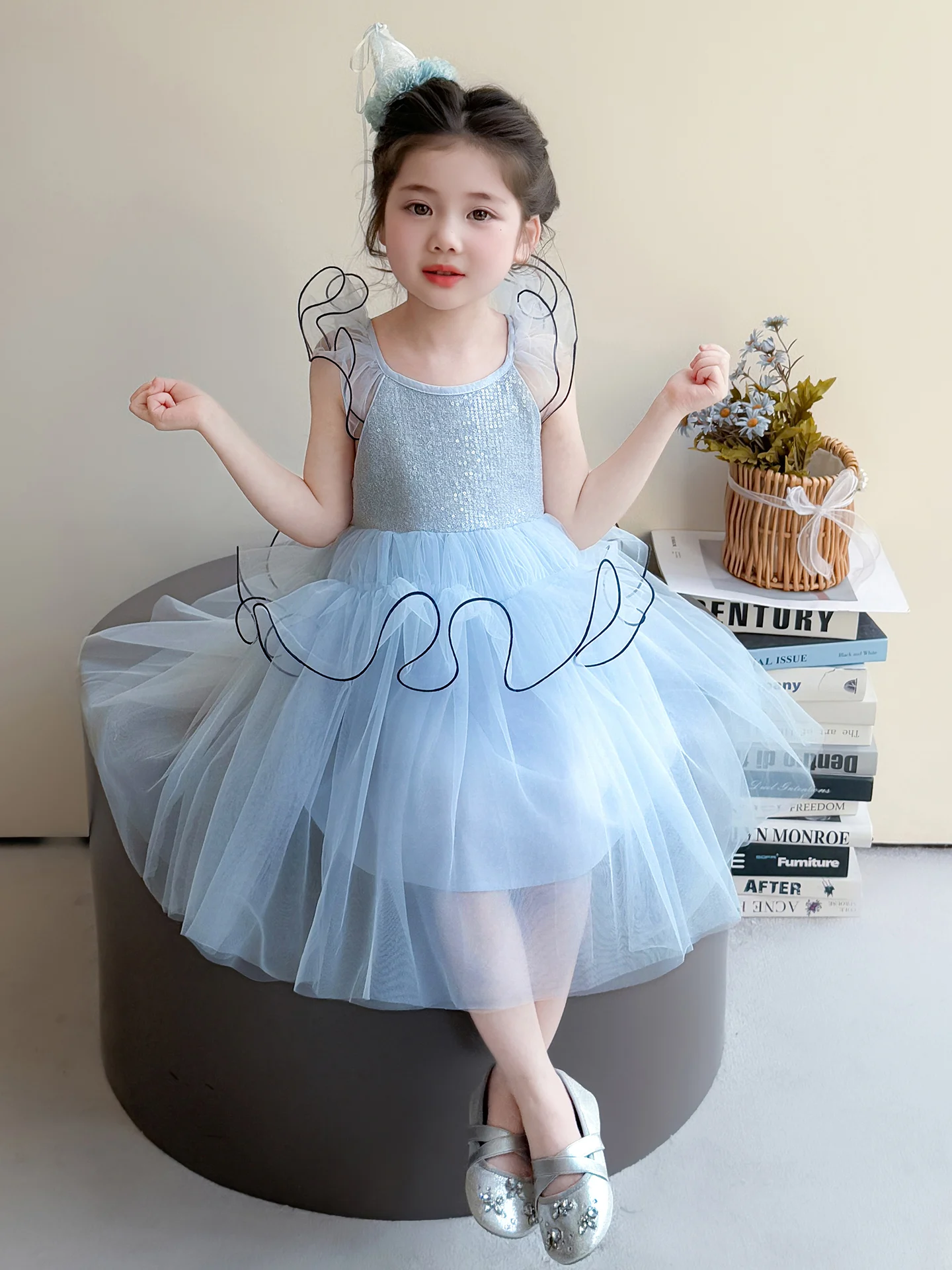Vestido de Saia de Malha com Glitter Verão 2026 para Meninas, Estilo Princesa de Conto de Fadas, Manga Curta, Fechamento com Zíper, para Aniversário e