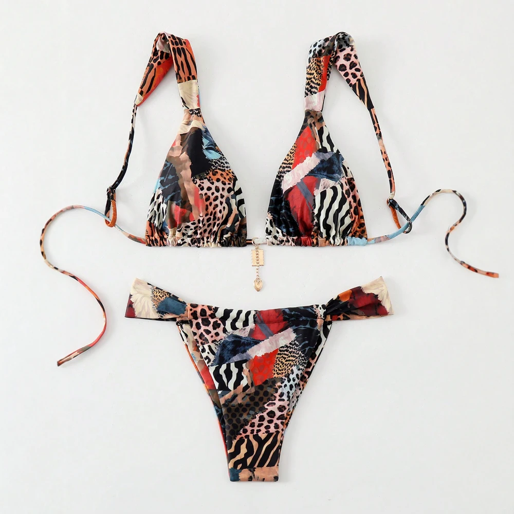البيكينيات مجموعة قلادة قطعتين زخرفة المعادن مثلث ثونغ ملابس الصيف مثير المرقعة مجموعة للنساء #4