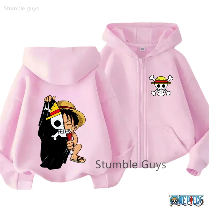 Sudadera con capucha y cremallera de una pieza para niños, ropa de anime para niños y niñas, estampado de Monkey D. Luffy, chaqueta deportiva informal holgada