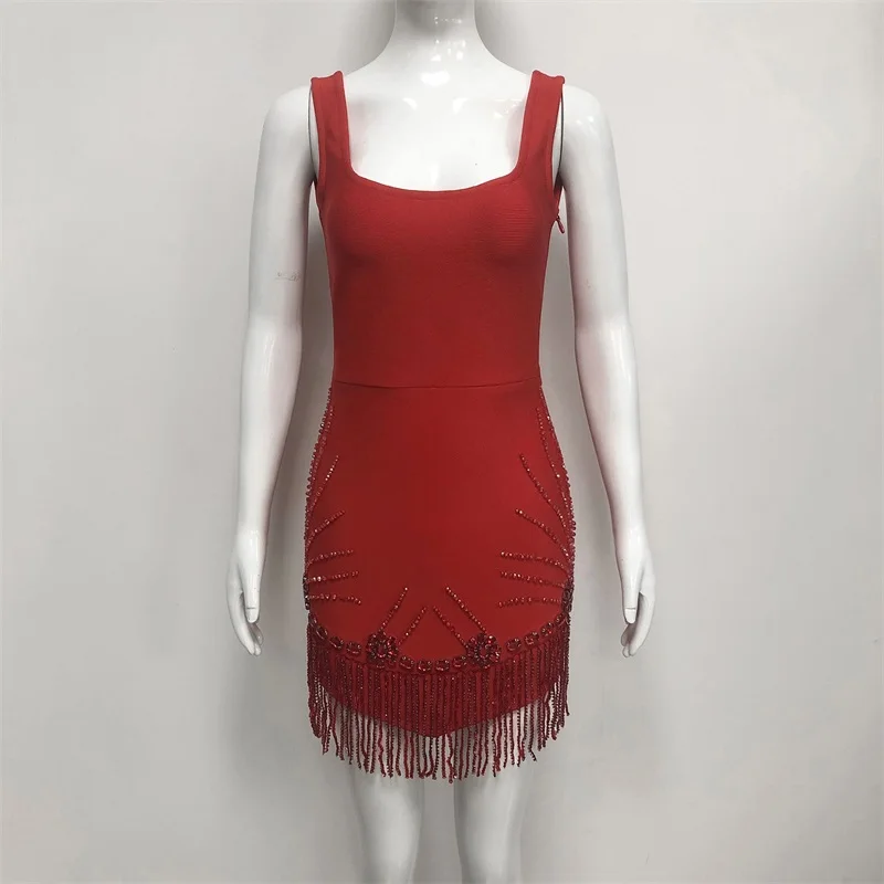 Sexy Red Prom Dress Luxury Beading Beaded Stripe Sleeveless Formal Short Mini Wedding Evening Dress Banquet Party Bridal Gown