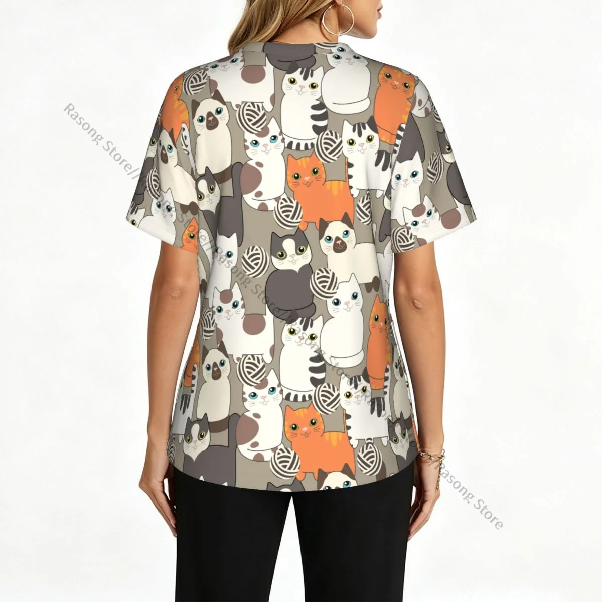 Women's Medical Scrub Top V Neck Short Sleeve Funny Cartoon Cats Pattern Stretch Nursing Uniform for Hospital Clinic