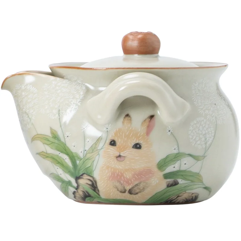 Rabbit Ru Ware Pot Single Binaural Anti-Scald Porcelain Tea Brewing Bowl with Cover Kung Fu Tea Set