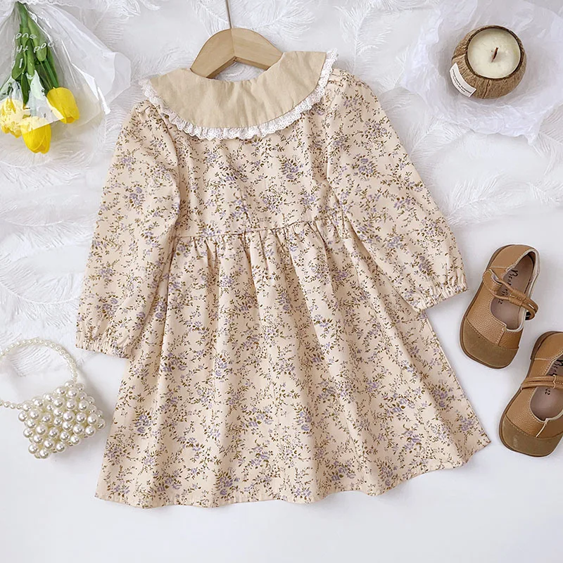 Korean Style Kid's Clothing 2024 Autumn Girls Long Sleeve Dresses Children's Doll Collar Floral Pastoral Dress