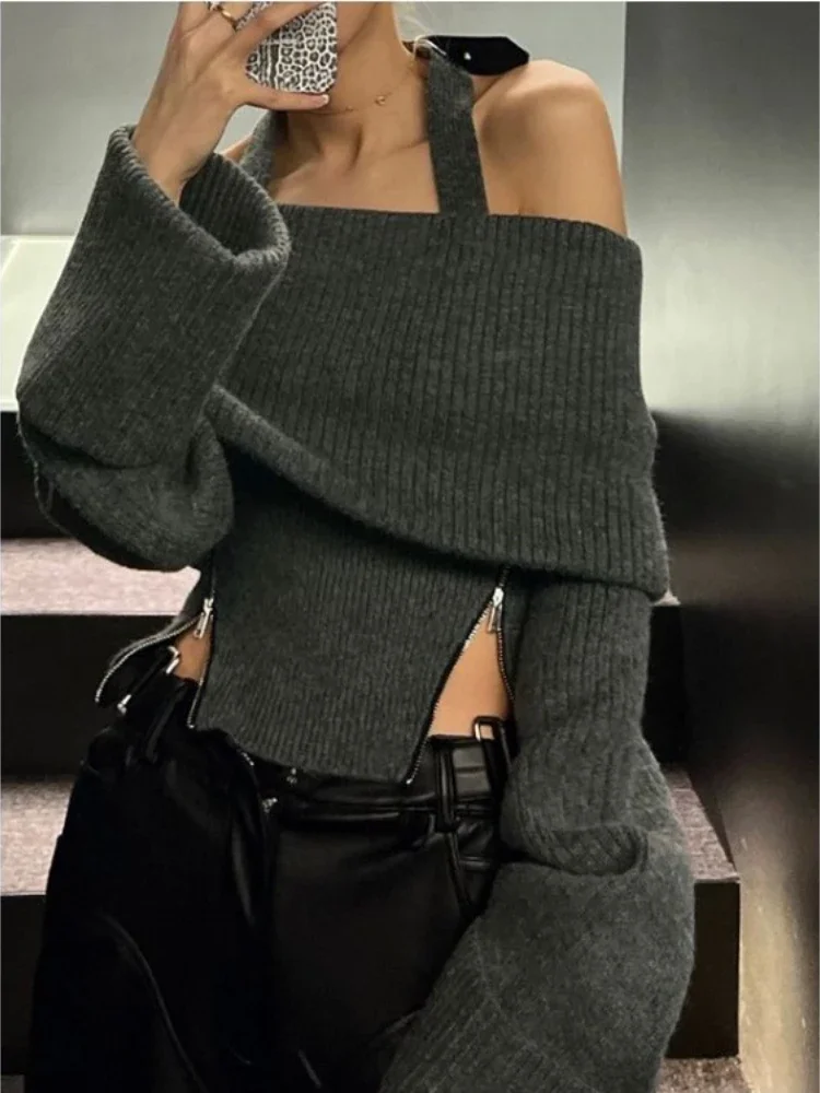 

Winter Y2k Elegant Knitted Pullovers Women Slash Neck Vintage Sexy Chic Sweaters Female Korean Fashion Slim Zipper Tops 2023 New