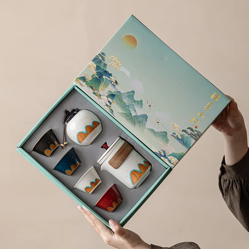 

Великолепный чайный сервиз с горами и реками, экспресс-чашка, высококачественный подарочный керамический чайник и чашки кунг-фу, подарочная коробка, набор из шести штук