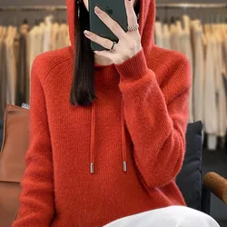 Classic Hoodie Women Knitwear Cashmere blend Pullover Fashion Wool Sweater Vertical stripe style Thick Warm Loose Basics Tops