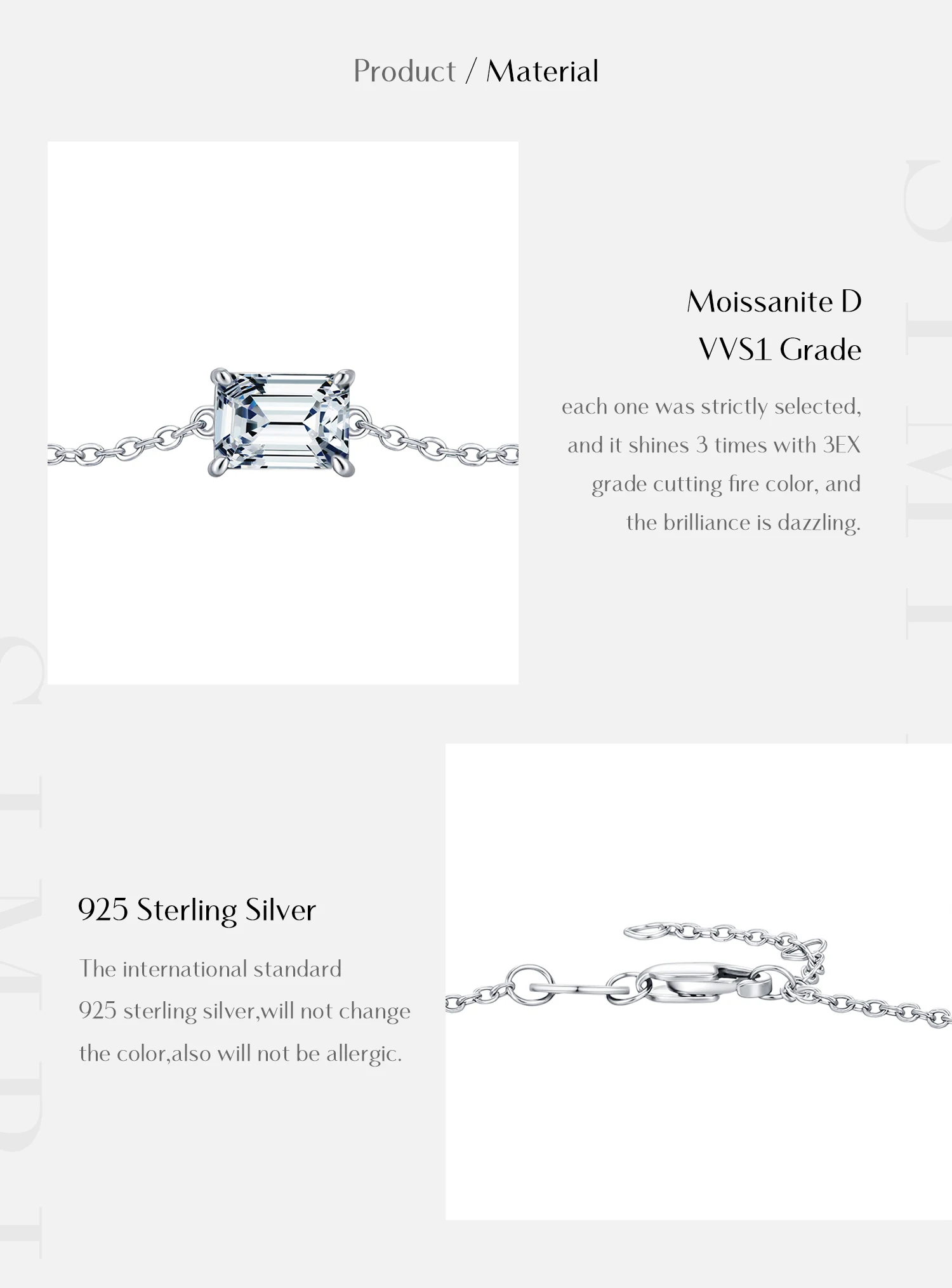 MODIAN Smaragdschliff D-Farbe Rechteckiges Moissanit-Armband aus 925er Sterlingsilber, luxuriöses Gliederkettenarmband für Damen, edler Schmuck – Detail 7