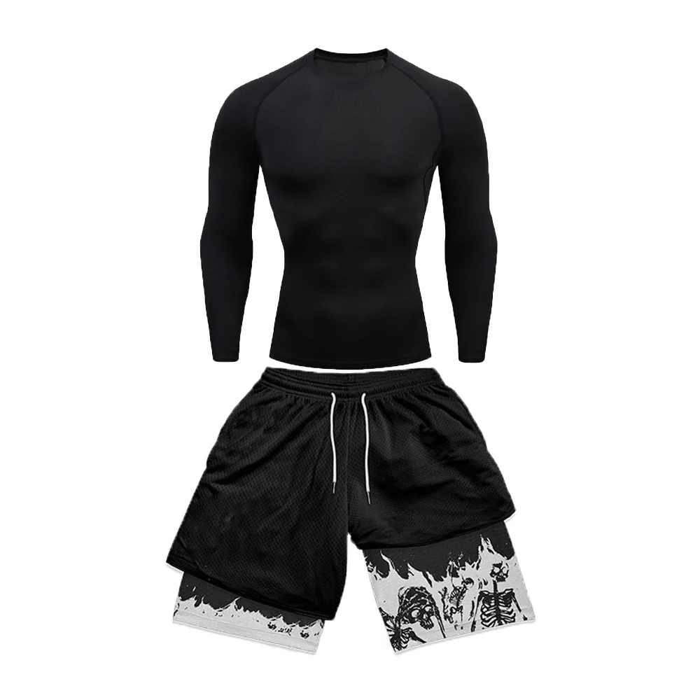 Men's Compression Suit Tight Long Sleeve Anime Double Layer Shorts Sports Suit Casual Fashion Summer