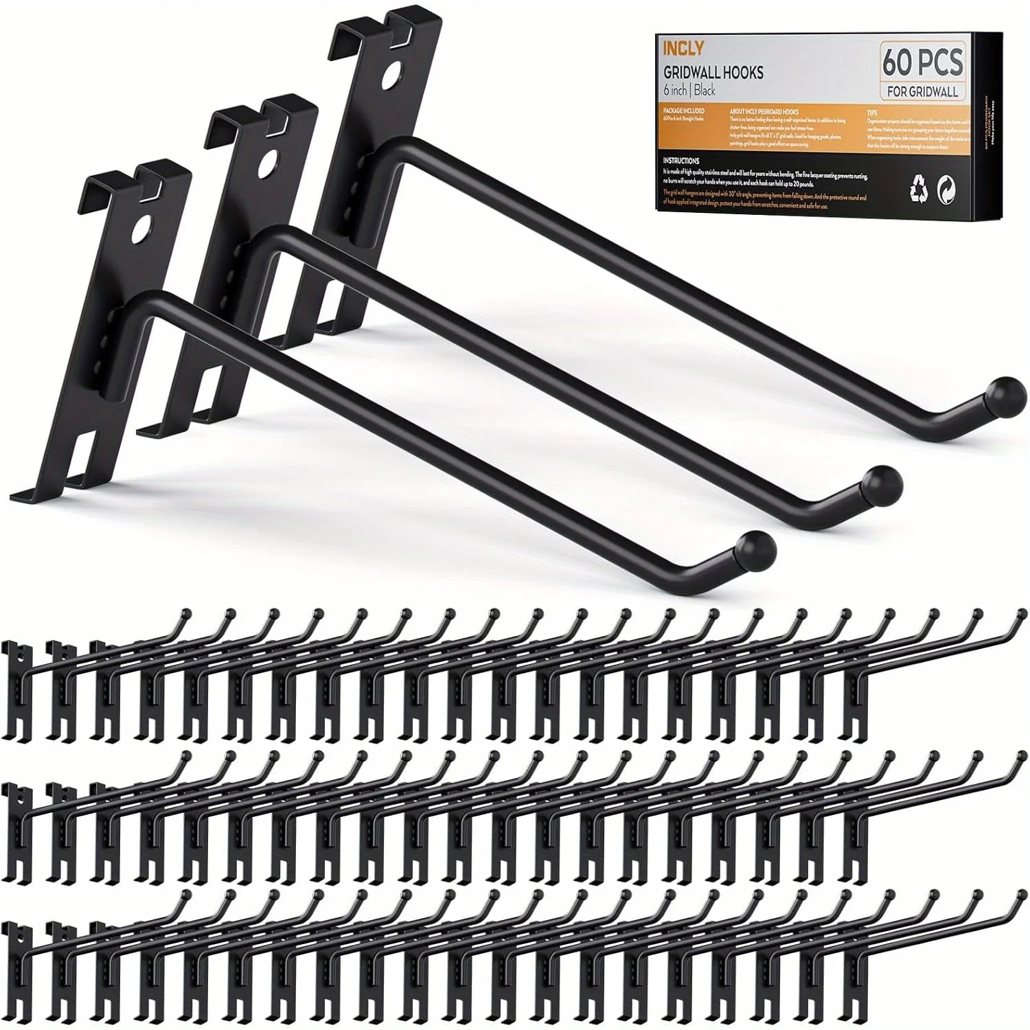 

6 Inch Gridwall Hooks, 60pcs Heavy Duty Black Display Hooks for Grid Wall Panels, Gridwall Accessory for Storage Display Clothes in Retail Shop Garage
